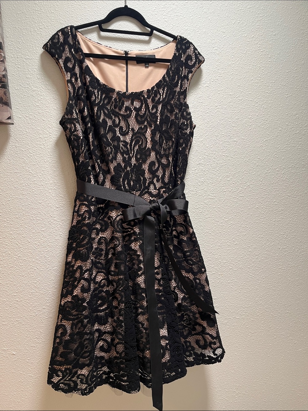 Betsy & Adam Black Lace Mini Dress over Nude Lining with Satin Waist Tie